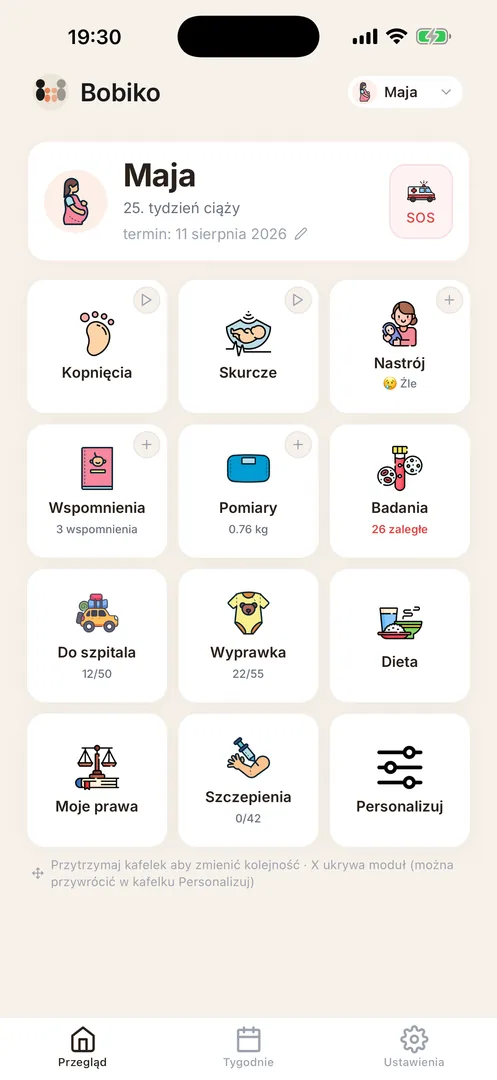 Dashboard ciąży - widok tygodniowy z modułami